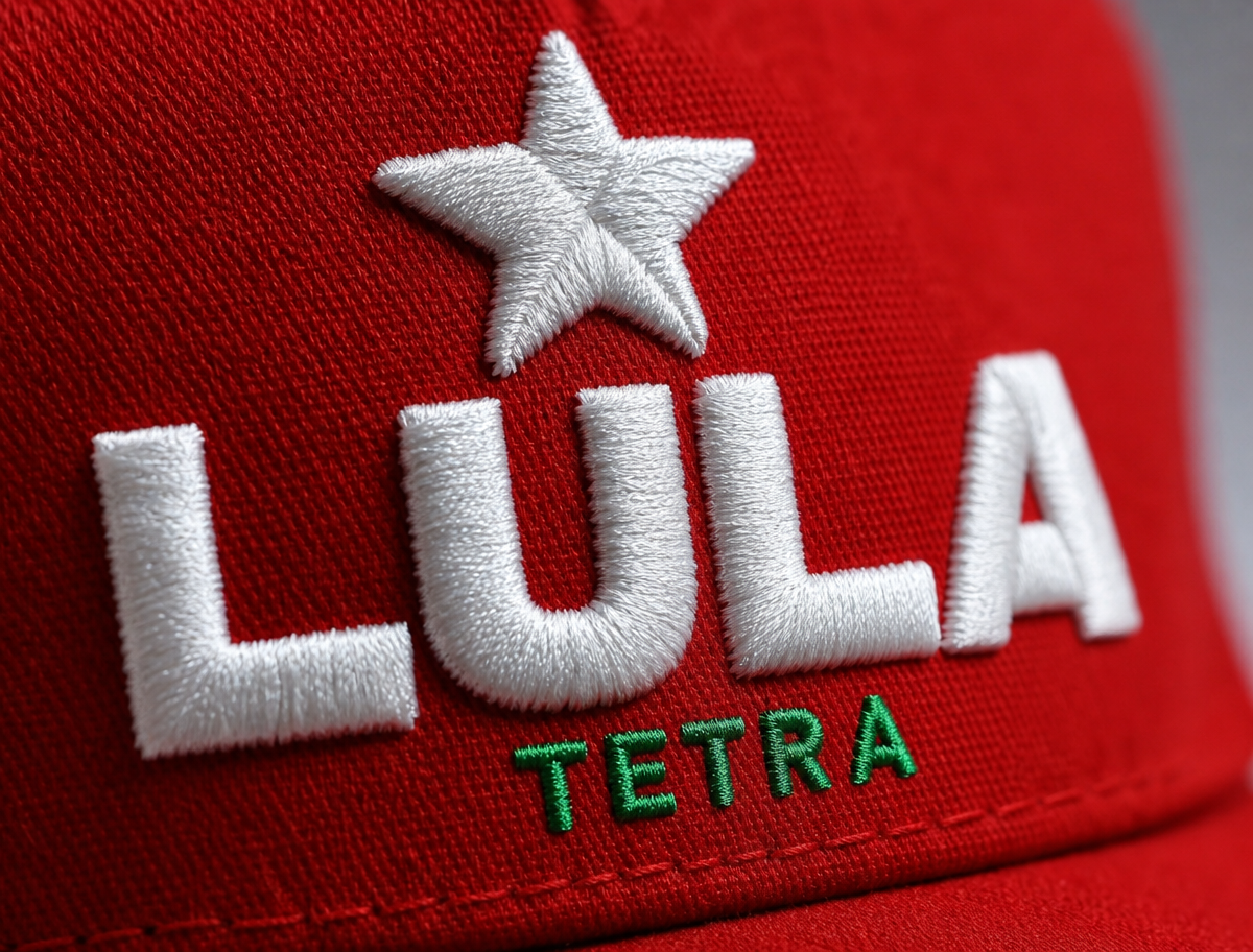 Detalhe do bordado da estrela e do escrito Lula no boné vermelho