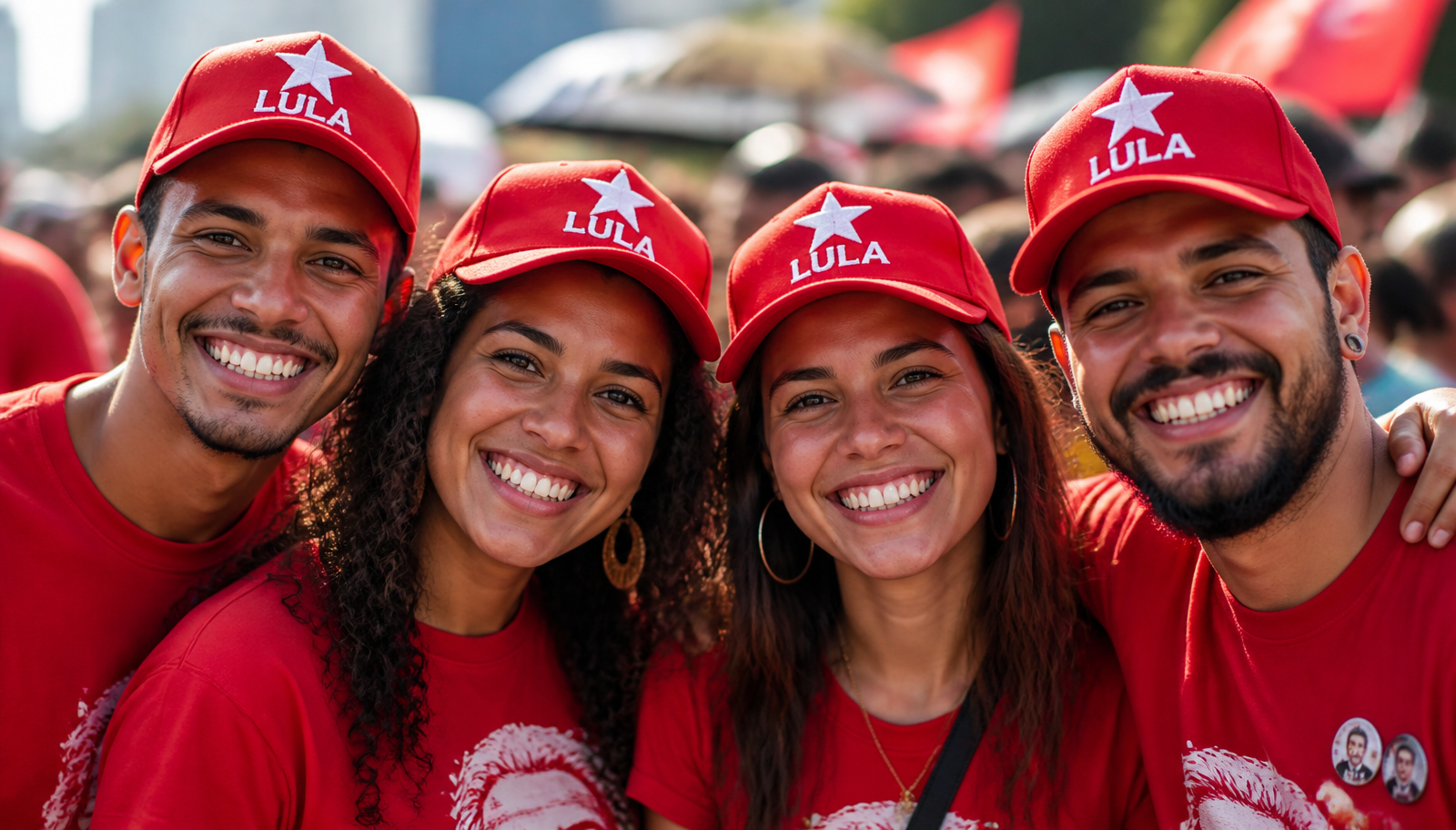 Grupo de amigos com bonés e camisetas vermelhas