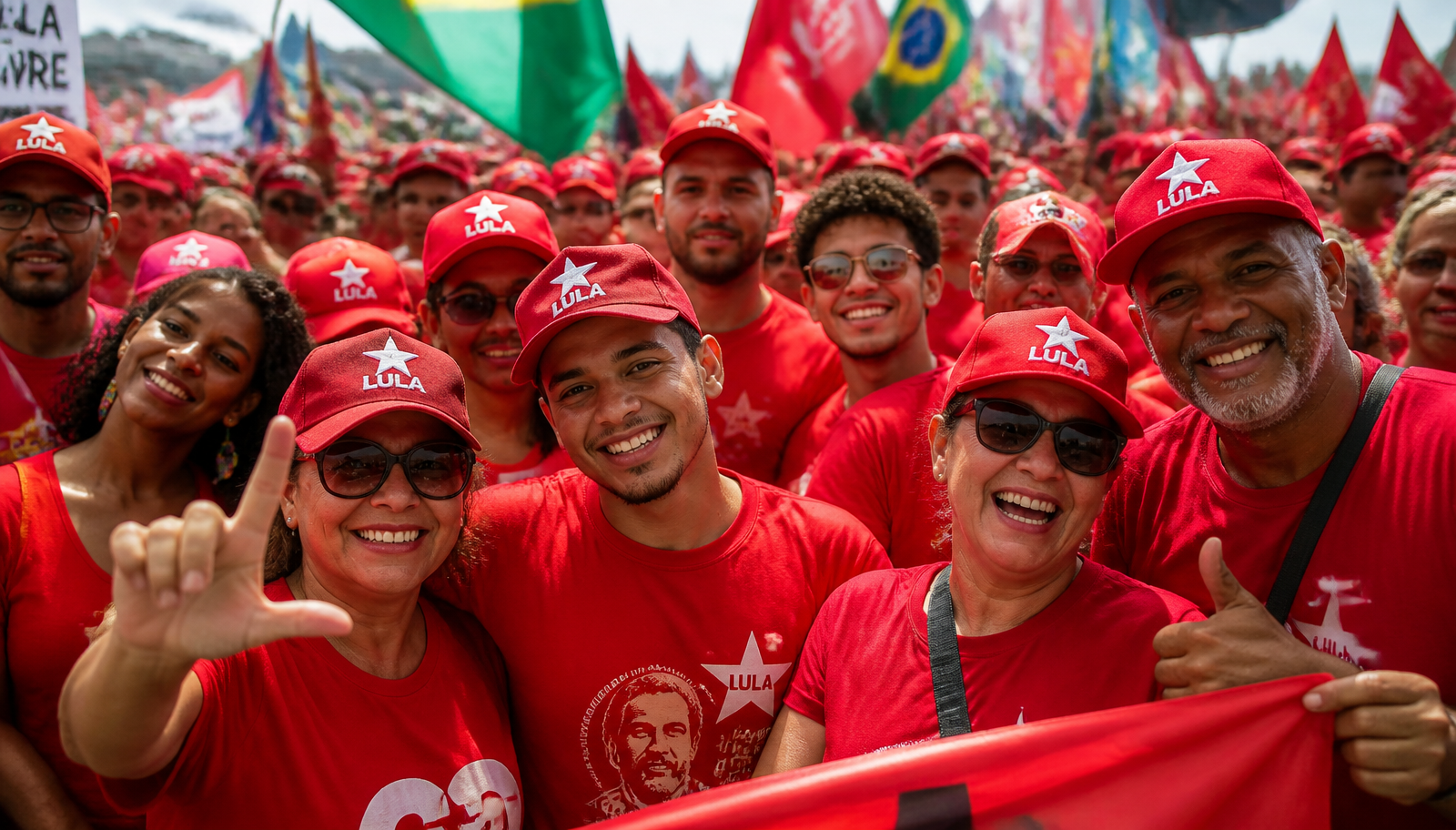 Pessoas usando bonés vermelhos em um evento